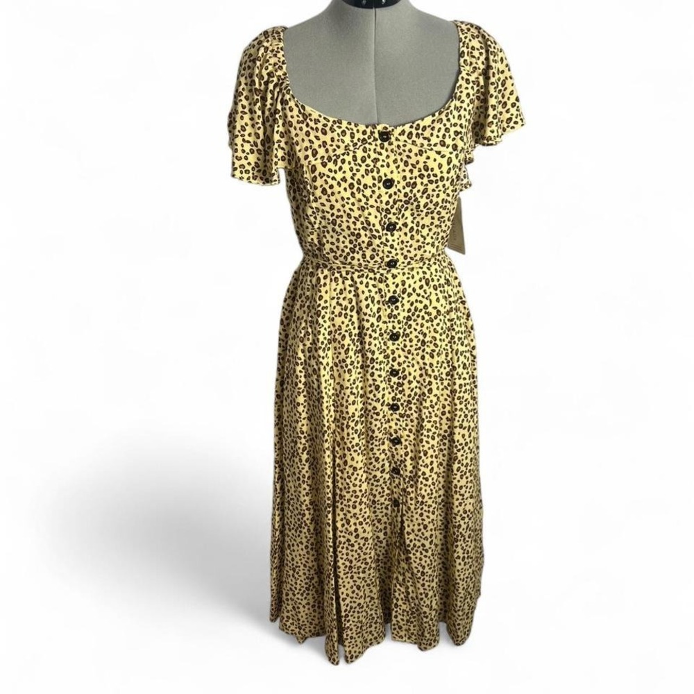 misstree butter yellow leopard print midi dress off shoulder NWT